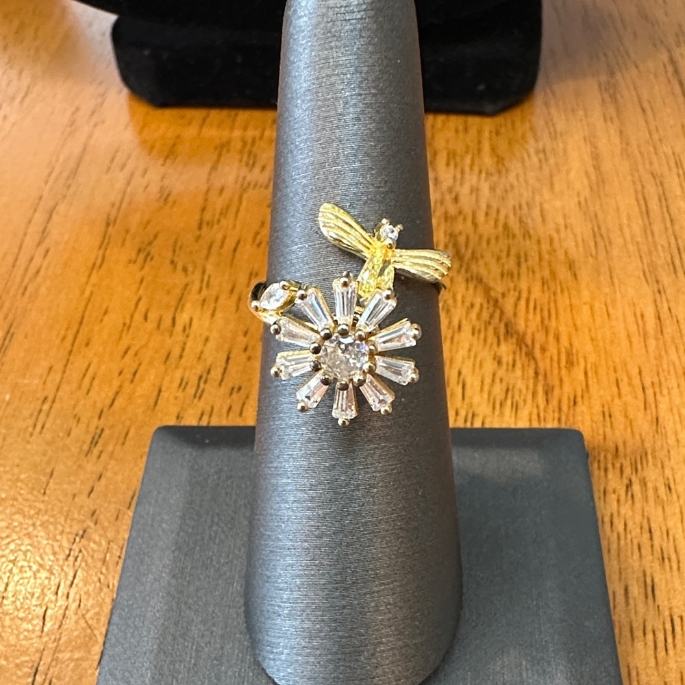 Spinner Ring With Goldtone Hardware and White Crystals. Citrine Dragonfly.